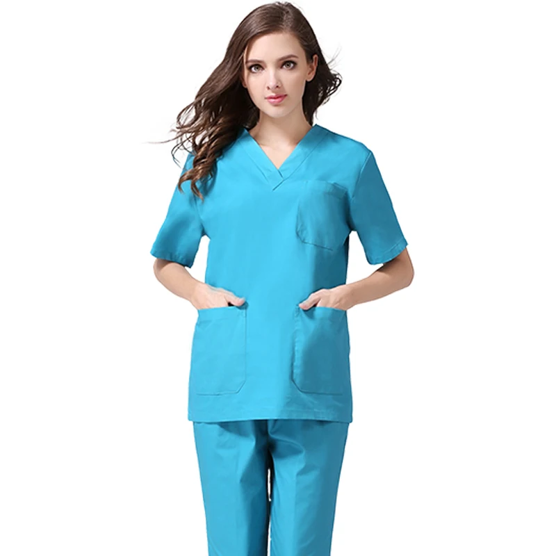 women TOP lakeblue Мужской и Женский скраб-топ из чистого хлопка, медицинская униформа медсестры, Классическая рубашка с v-образным вырезом и коротким рукавом(только топ - Цвет: women TOP lakeblue
