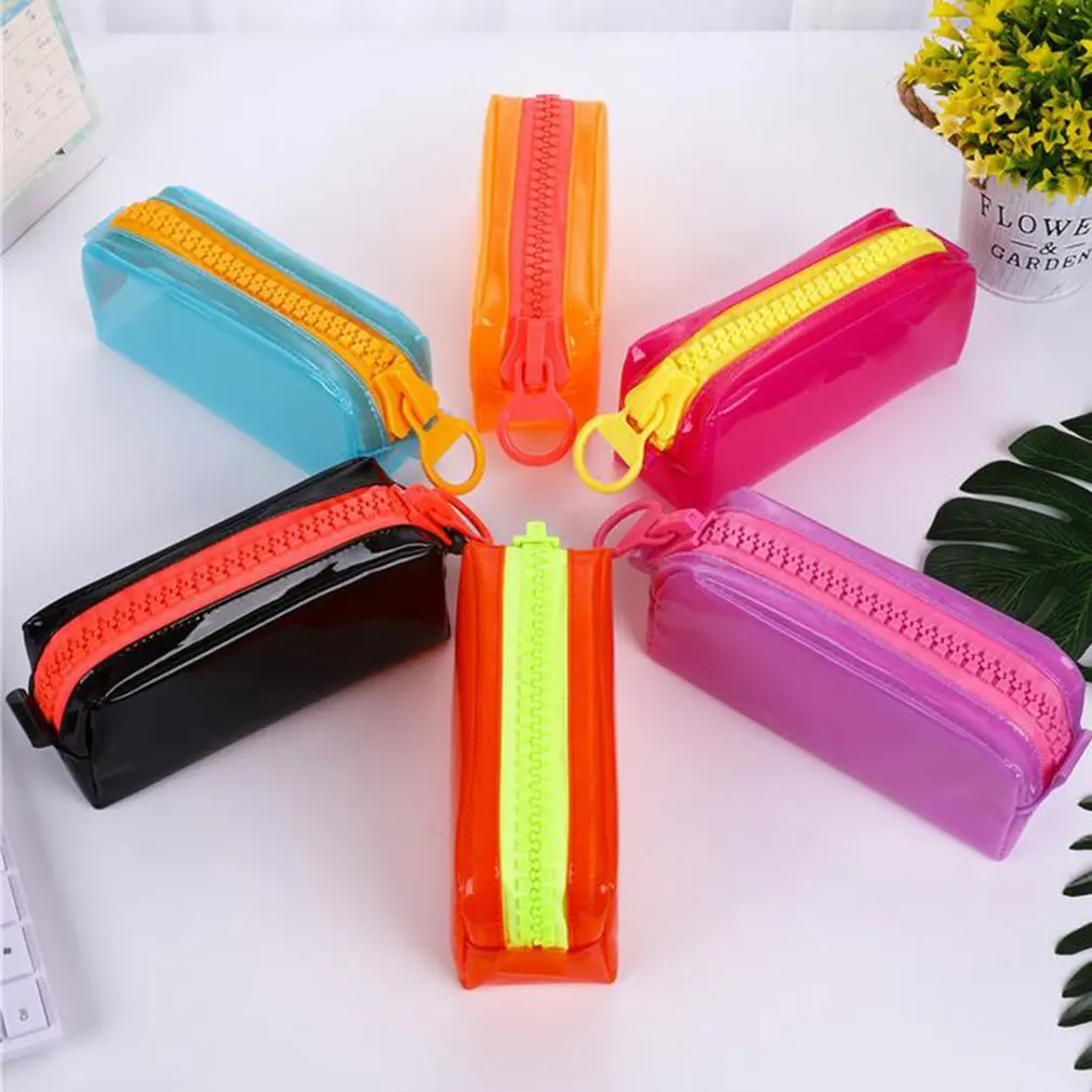 Transparent Big zipper leather pen case fabric pencil bag etui a crayons cuir pencil pouch stifte tasche pencil case school