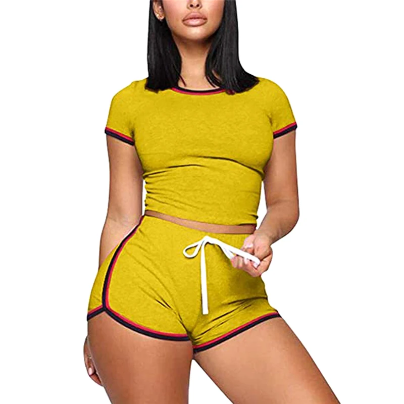 Striped Style New Casual Women Summer Clothes Sets Short Sleeve Crop Tops High Waist Lace Up Botton Female Tracksuit Yoga |