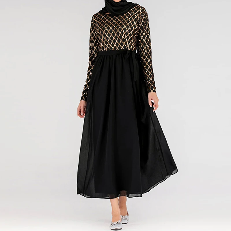 black dress Хиджаб мусульманское платье с блестками Абая Дубай турецкие платья для женщин ислам кафтан Marocain кафтан Катара Омани ислам ic одежда халат Femme - Цвет: black dress