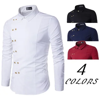 

2019 men's casual solid color long-sleeved shirt men's square collar diagonal double-breasted youth fashion long-sleeved shirt