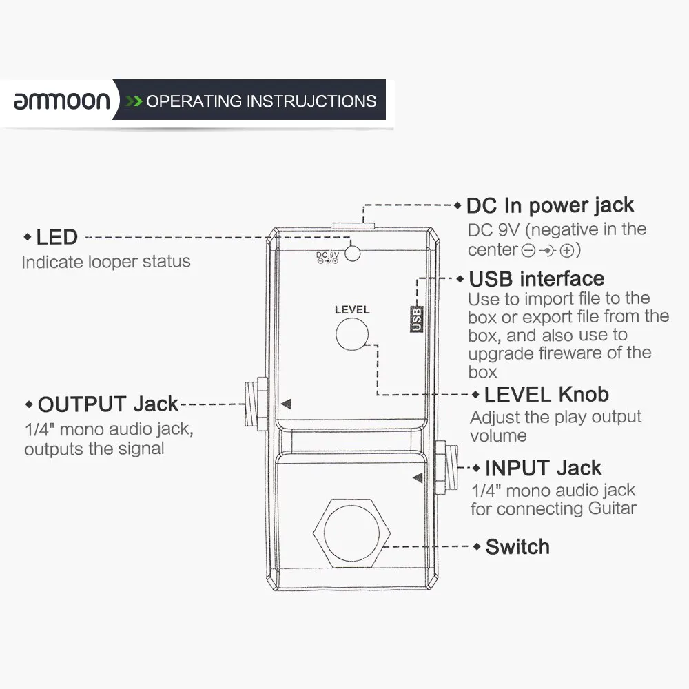 ammoon AP-09 USB Cable Nano Loop Electric Guitar Effect Pedal Looper True Bypass Unlimited Overdubs 10 Minutes Recording