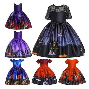 

Girls Fancy Pumpkin Printed Halloween Dress Children's Satin Mid Length Princess Dress Costume for Festival Party 6 8 10 12 Yrs