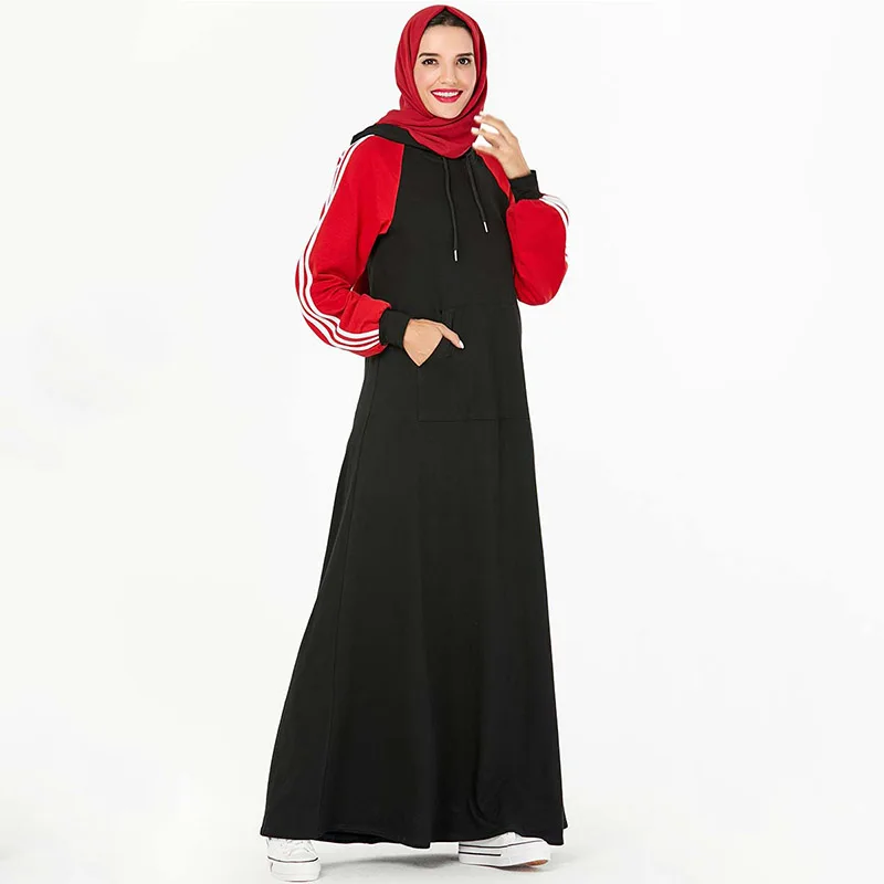 Middle Eastern fashion sweater hooded pocket stitching robes Arab dress Muslim long-sleeved multi-color slim slimming dress