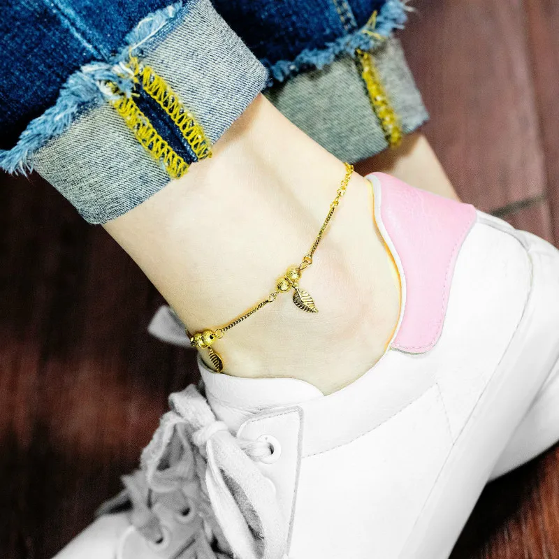 Women Anklets Simple Leaf Barefoot Crochet Sandals Foot Jewelry Two Layer Foot Legs Bracelet Anklets