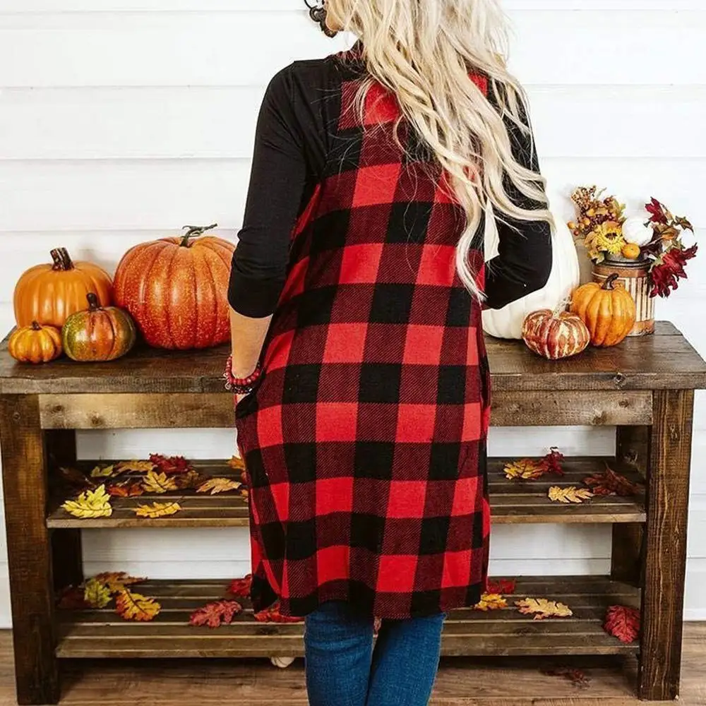 Online Womens Open Front Plaid Cardigan Coat With Pockets Ladies Sleeveless Irregular Hem Drape Lightweight Long Vest Jackets For 2019
