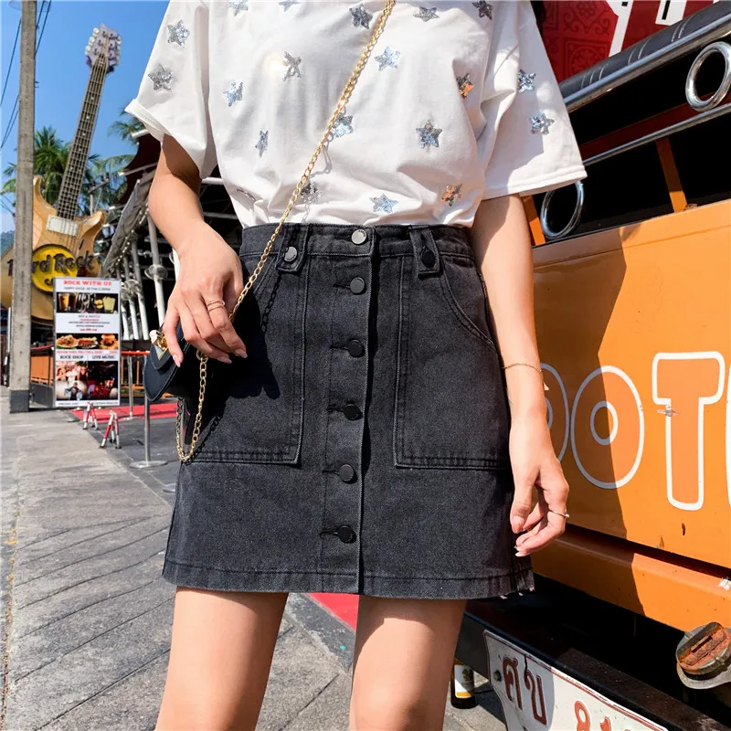 

Black Pockets Women Casual Denim Skirt 2019 Spring Summer New Bodycon Skirt Basic Jeans Skirt High Waist Saias plus size S-5XL