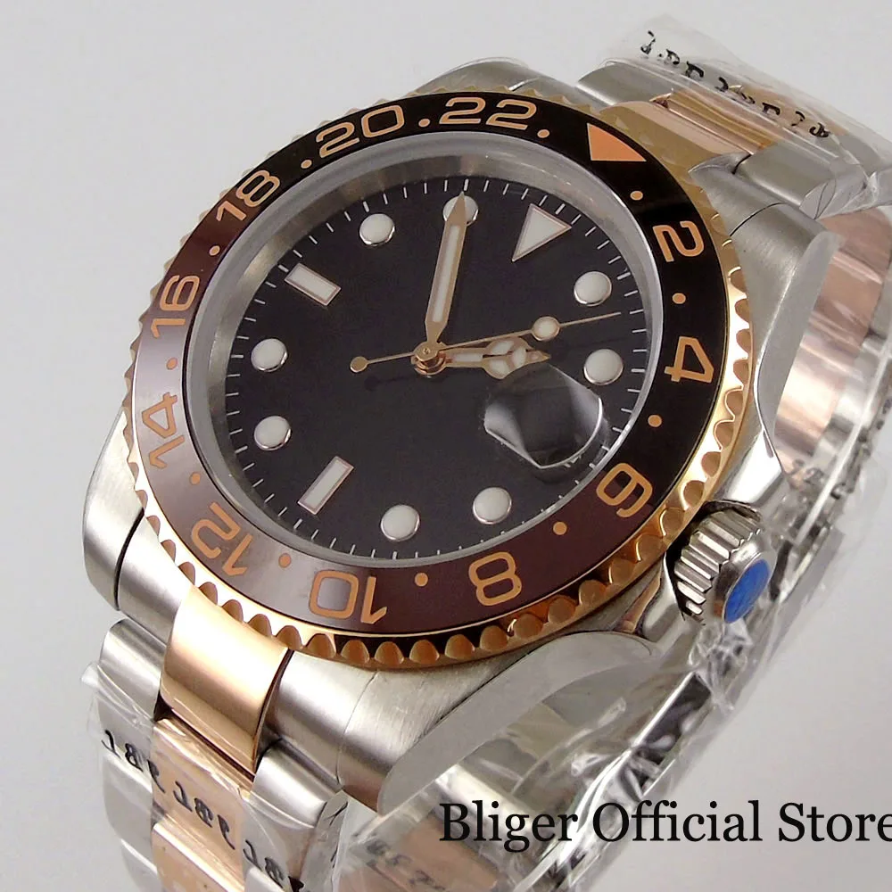 BLIGER Nologo Black Mechanical Men Watch 21 Jewels MIYOTA 8215 24 Jewels NH35 Two Tone Rose Gold Oyster Strap Ceramic Insert