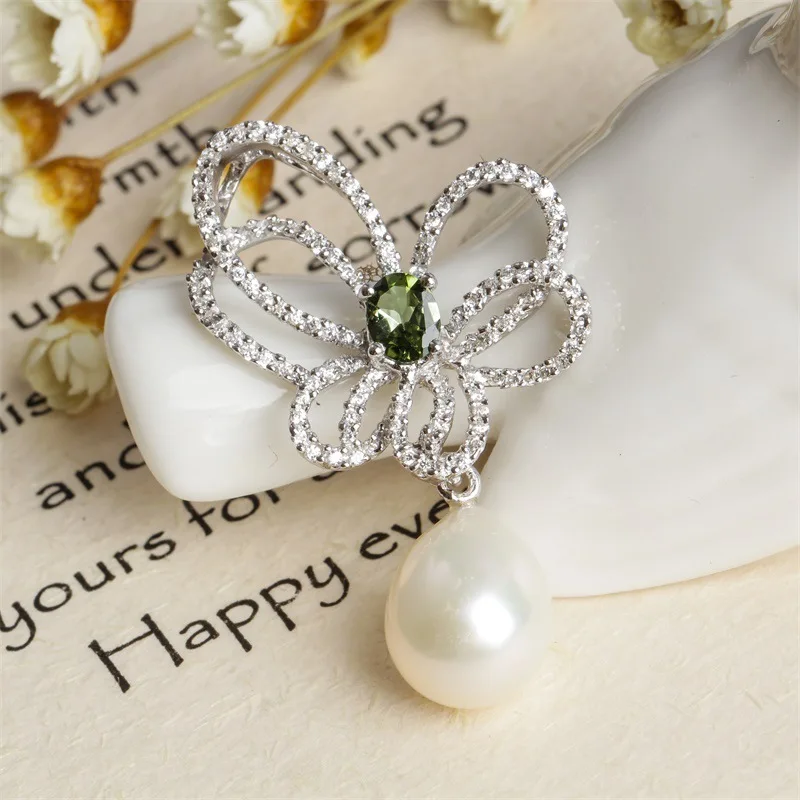 

Fine Silver Gemstone Pearl Pendant Necklace S925 Silver Inlaid Natural Tourmaline Freshwater Pearl Pendant Brooch Dual Purpose