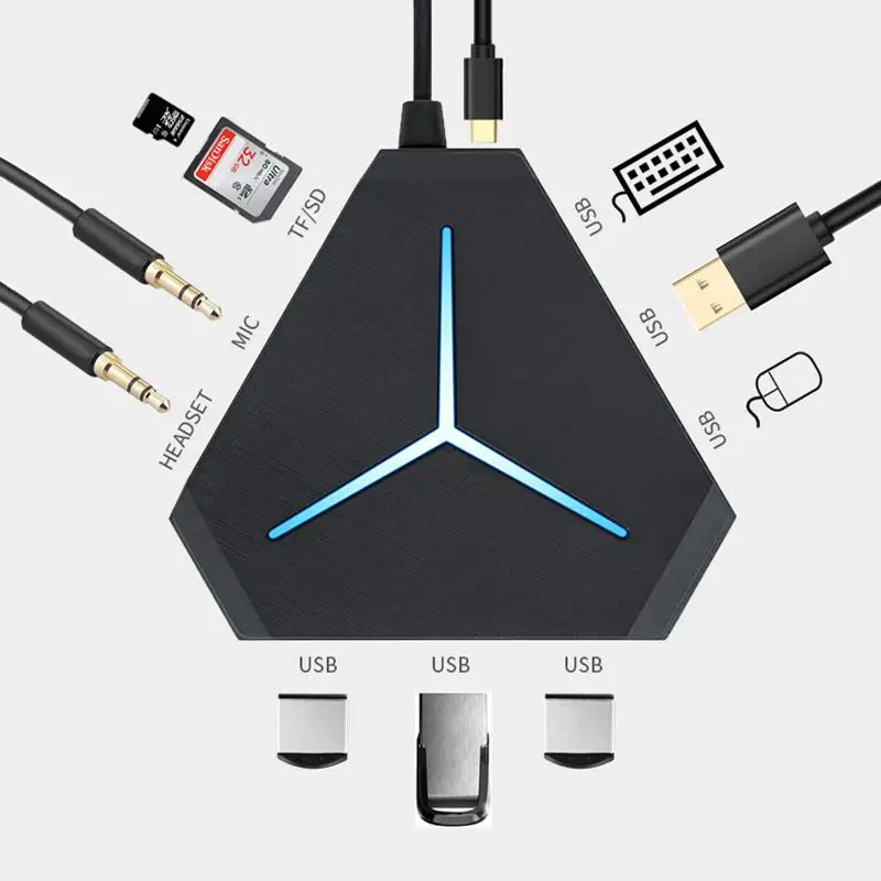 

6 Port USB Hub 1m Cable Splitter With TF SD Card Reader Mic AUX Cool Light Charging USB 2.0 Hub for Multi-device Desktop Laptop