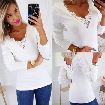 

2019 Fashion Lace Patchwork Low Cut Solid Color Long Sleeve Women Blouse Sexy Tops and Shirt Fall Clothing