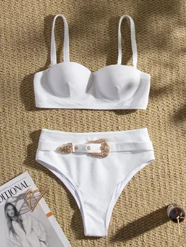 Belt high waist bikini set solid white push up padded underwire swimsuit buckle bathers bathing suit swimwear