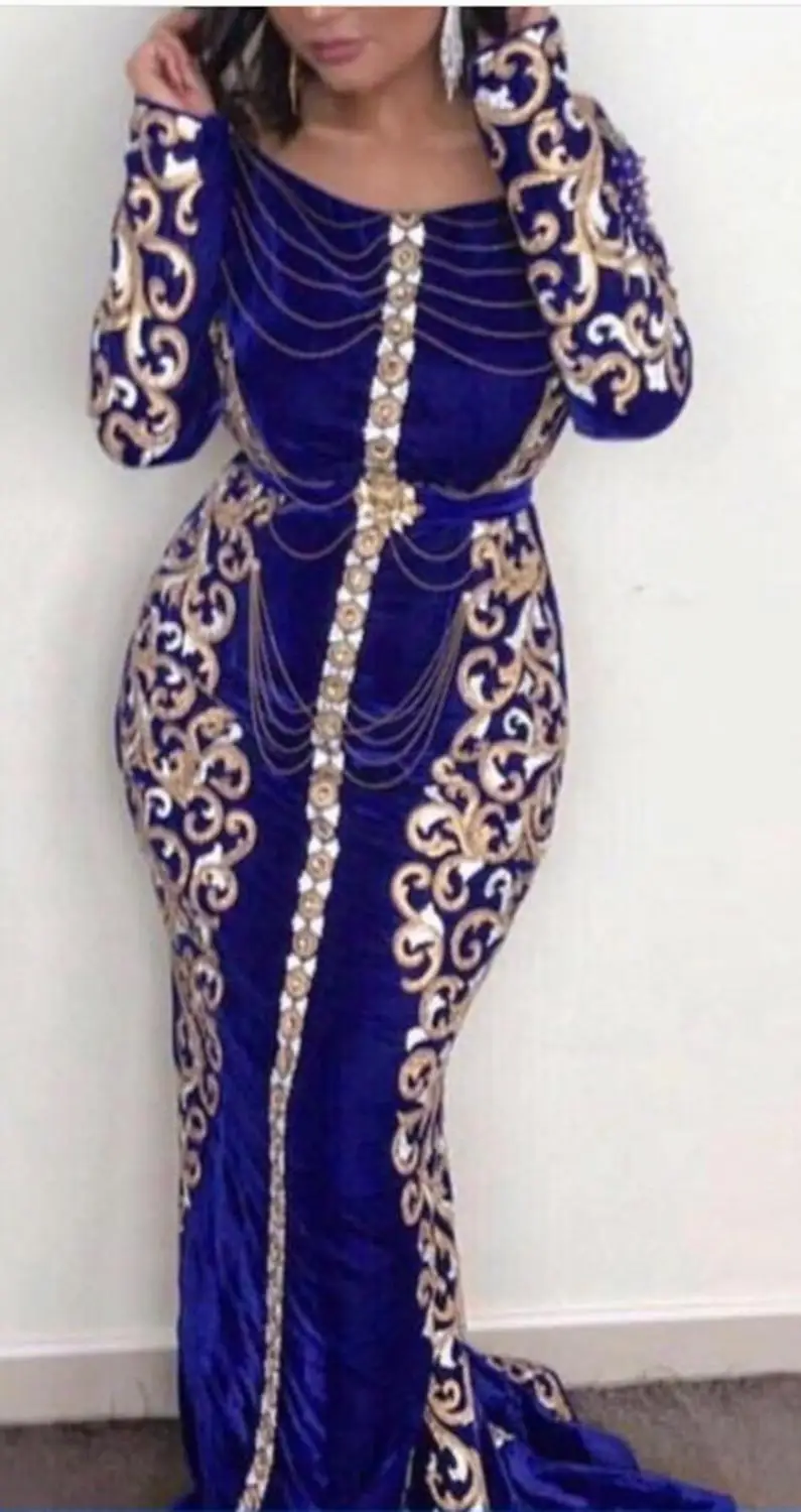 

Dubai Arabic Velvet Mermaid Evening Dress 2020 Royal Blue Off Shoulder Long Sleeves Prom Dresses Gold Appliques Formal Gowns