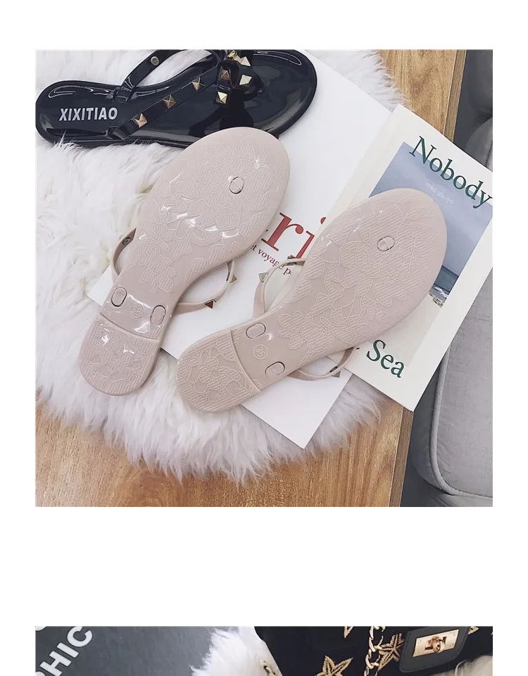 fashion women sandals flat jelly shoes bow V flip flops stud beach shoes summer rivets slippers Thong sandals nude