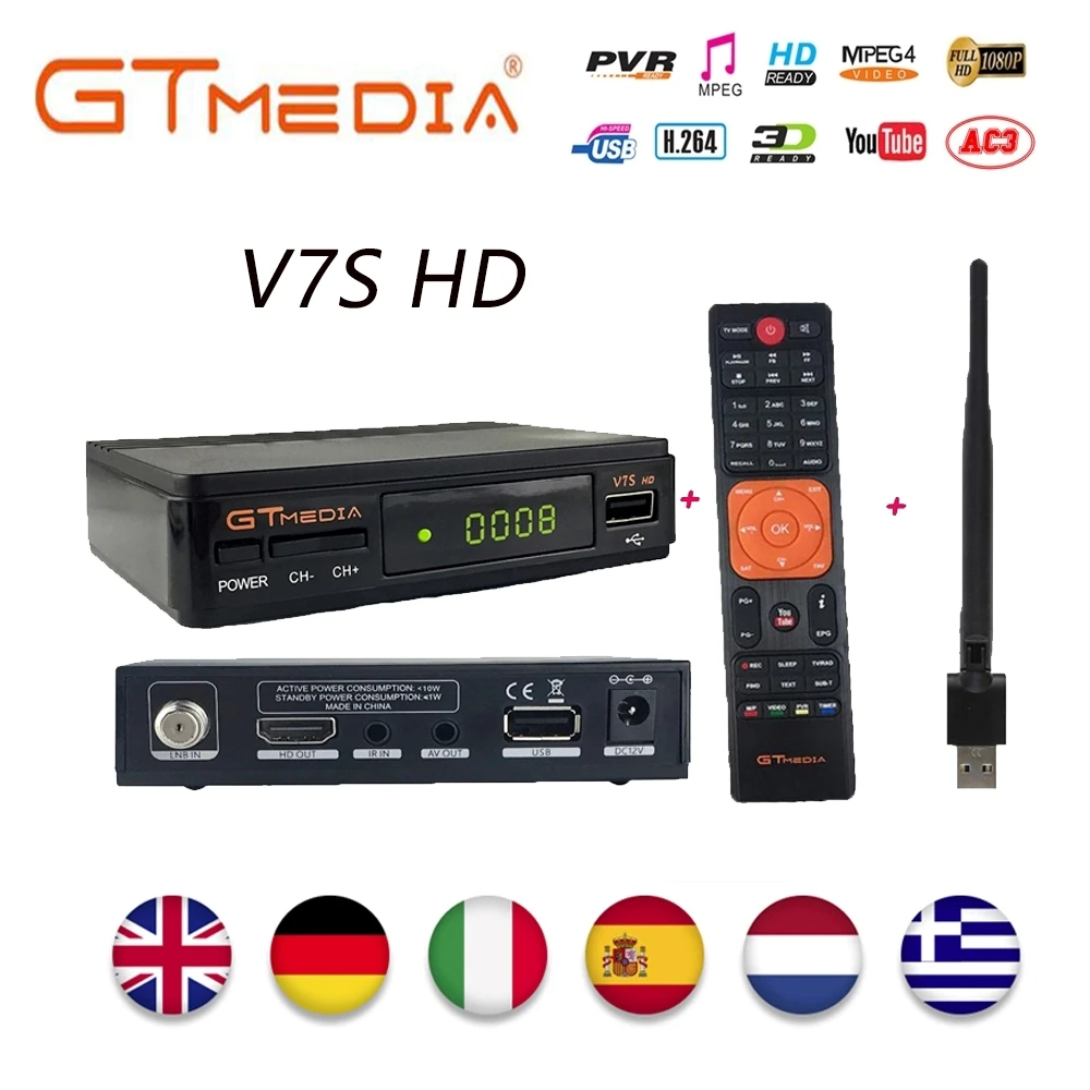 GTMEDIA V7SHD DVB-S2 DVB-T2 спутниковый ТВ приемник Поддержка H.265+ Испания Италия Cccam 7 Клайн