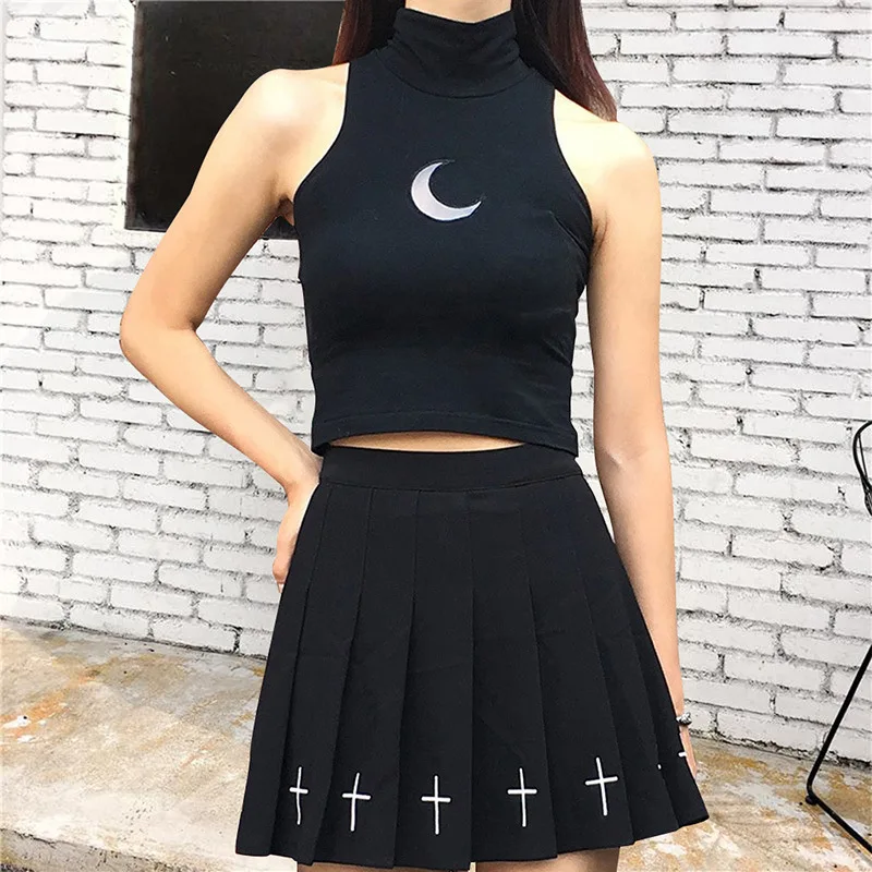 

JIEZuoFang Women's Sets Tanks Top Mini Pleated Skirt Summer 2 Piece Set Female Two Pieces Set Crescent Top Cross Skirt Punk