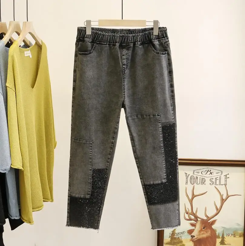 boyfriend jeans Jeans Women 2021 Spring Autumn New European Style Hit Color Was Thin Heavy Industry Hot Rhinestones Feet Denim Harem Pants p975 women's fashion
