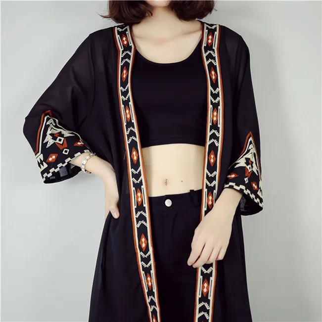 TingYiLi Black White Kimono Cardigan Women Embroidery Long Cardigan Summer Beach Chiffon Maxi Cardigan Female 3