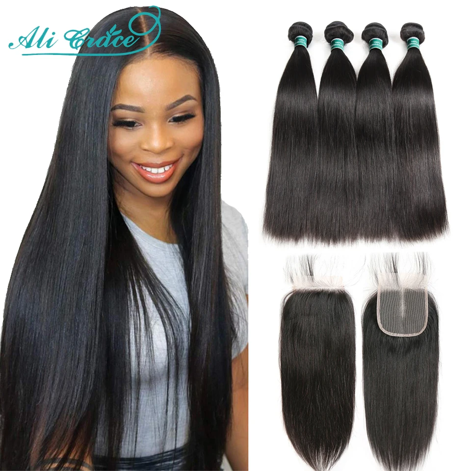 

Ali Grace Hair 3 Bundles Straight Hair with Lace Closure 100% Remy Human Hair Bundles with 4x4 Hand Tied Closure Brown Lace