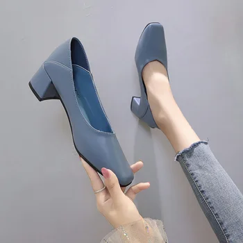 

2020 spring new high heel women fashion simple solid color square toe comfortable casual high heels