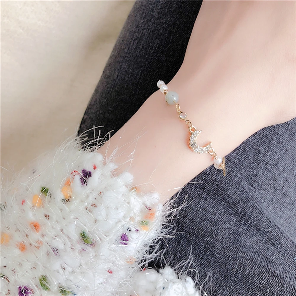 

Korean Simple Pearl Women's Bracelet Female Crystal Student Sweet Romantic Fashion Star Moon Pendant Bangle Jewelry Gift