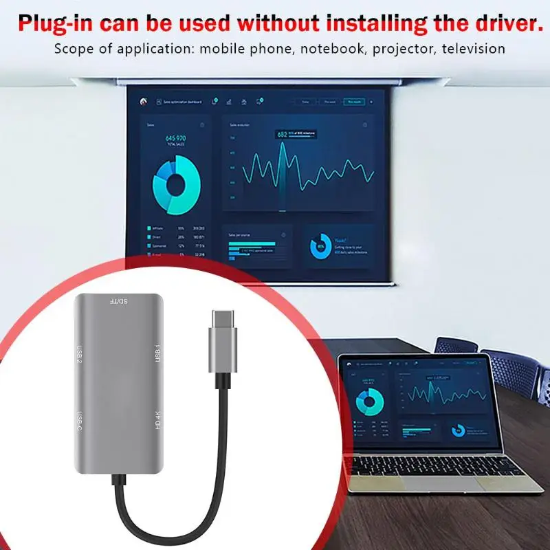 Type C на 2 порта USB 3,0 адаптер концентратор TF кард-ридер HDMI 4K PD адаптер изящный и красивый для телефонов MacBook проекторы