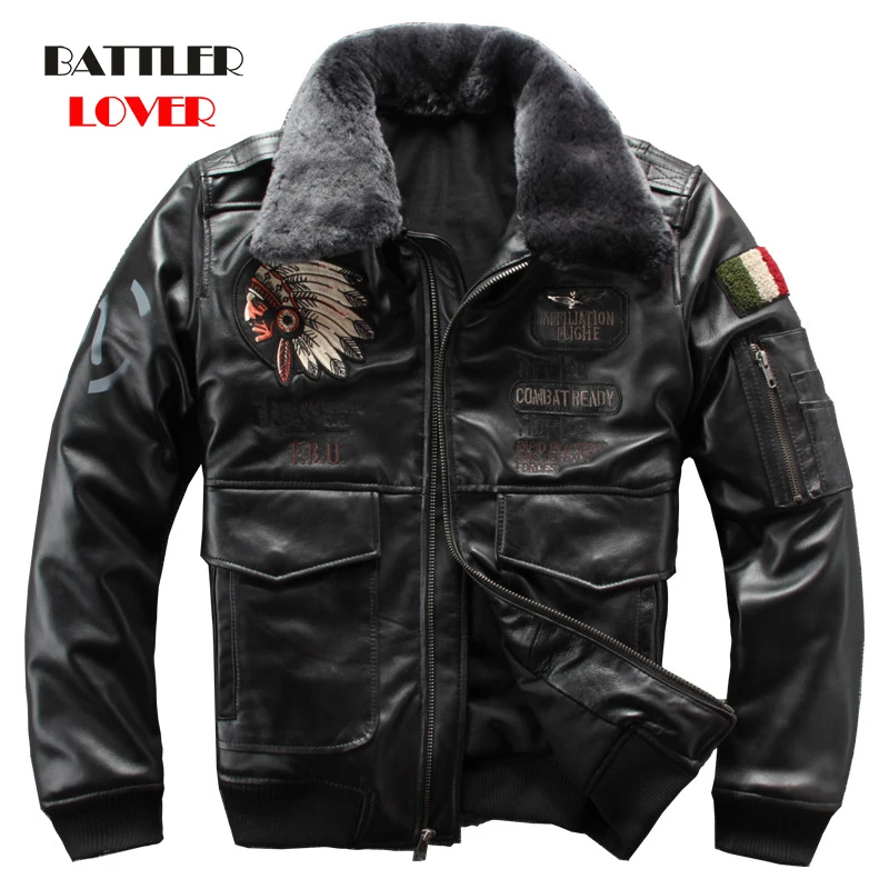 2020 New Men Embroidery Indian Skull Air force flight A1 Pilot Sheepskin Jacket Casual Wool collar Real leather jacket S-XXXL