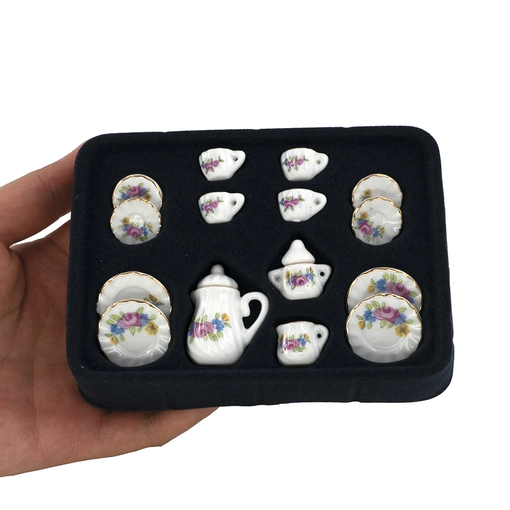 15Pcs 1/12 Dollhouse Miniature Accessories Mini Ceramics Tea Set Simulation Kettle Plate Cup Model Toys Doll House Decoration