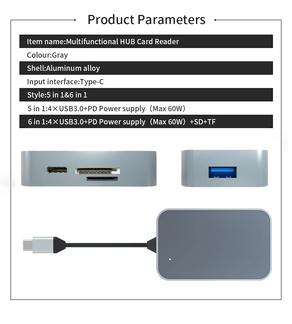 6в1 USB 3,0 концентратор устройство для чтения карт SD TF type c to type c адаптер с 60 Вт PD Зарядка для macbook xiaomi huawei ноутбук