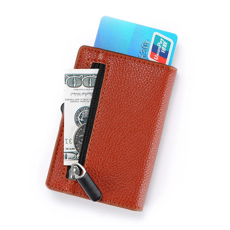 Brown Rfid держатели для карт, мужские кошельки, унисекс, мини кошелек, тонкая сумка для денег, мужская, Ретро стиль, короткая, женская, маленькая, из искусственной кожи, тонкая коробка, Прямая поставка - Цвет: Brown
