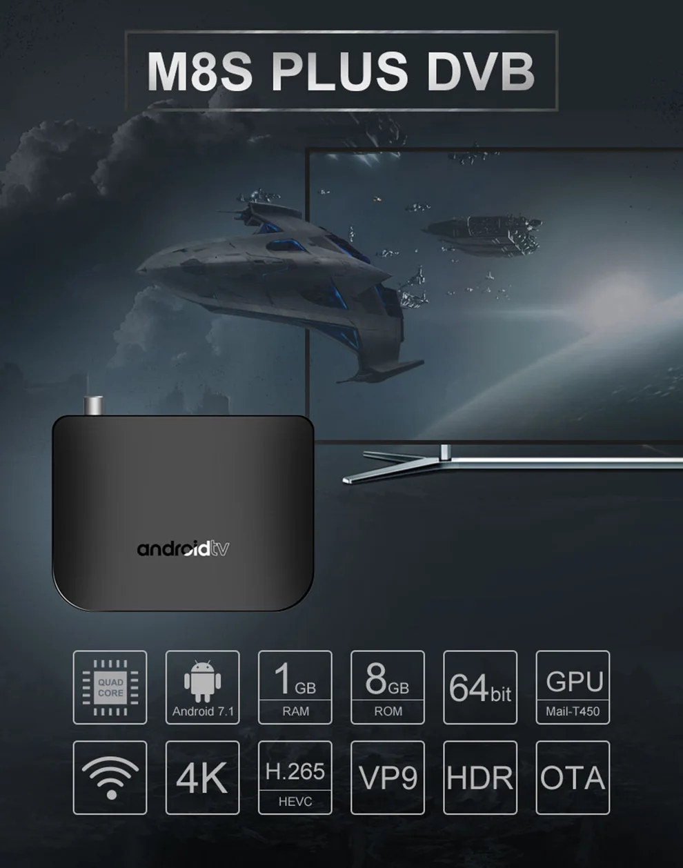 DVB-T2 Android 7,1 WiFi tv Box Amlogic S905D 1G rom 8G ram 2,4G 100M Поддержка 4K H.265 DVB T2 Мини Тонкий M8S Plus DVB медиаплеер