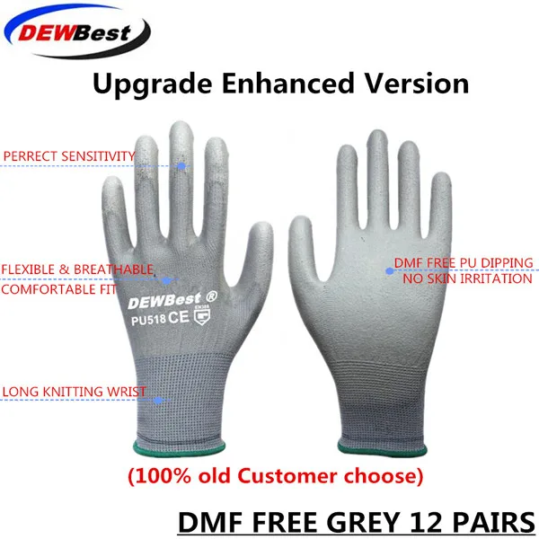 Grey DMF 12pairs DEWBest EN388 3121 Рабочая перчатка ESD нейлон PU покрытие Защитная ручная перчатка Рабочая поставка Антистатические Рабочие Перчатки - Цвет: Grey DMF 12pairs