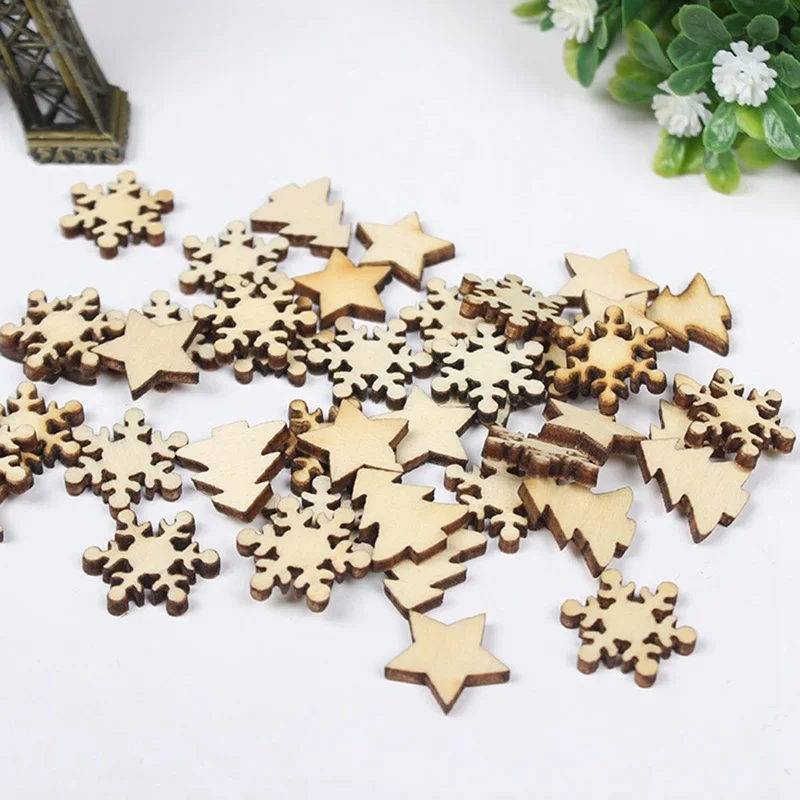 1Set(50Pcs) DIY Crafts Christmas Pendant Carve Natural Wood Chip Ornaments Scrapbooking Embellishments Home Decor