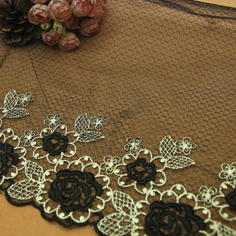 1 Yard Delicate Black Embroidered Flower Tulle Lace Trim Sewing DIY 27cm Wide