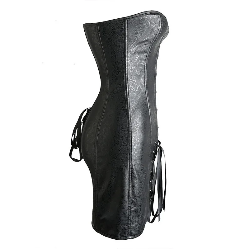 Women's Victorian Gothic Steampunk Corset Dress Lace Up Black PU Faux Leather Strapless Retro Overbust Bustier Corset Waist Slim (9)