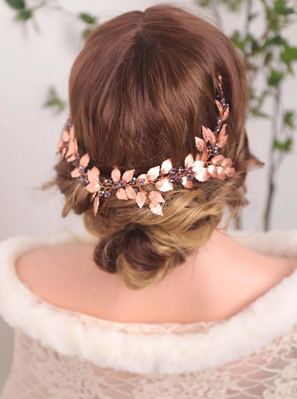 Vintage Rose Gold Leaves Purple Crystal Chic Hair Accessories Headband Bride Headwear Bridesmaid gift Elegant women