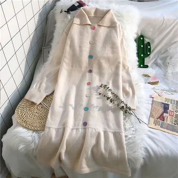 

New Spring Autumn Turn Down Collar Knitted Dress for Women Medium-long Knee-length Pullovers Top Casual Loose Female Sweaters