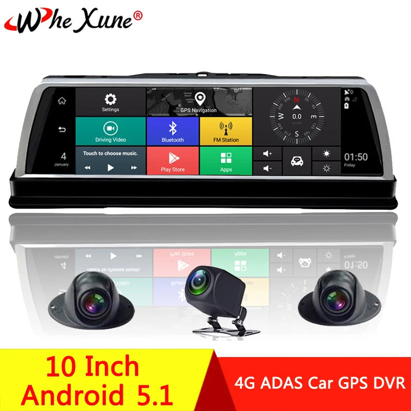 

WHEXUNE 4 Channel Android 5.1 WIFI Car DVR Camera 4G 10" IPS ADAS GPS Navigation Dash Cam FHD 1080P Video Recorder