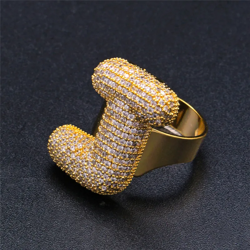 gold color J OMYFUN Hip-Hop Bling Ring A-Z Bubble Full CZ Iced Letter Rings Gold Silver Color Anillo Anel Male Accessory Bijoux Free Shipping - Цвет основного камня: gold color J