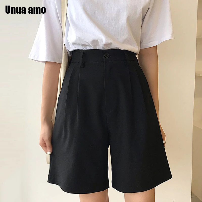 Unua amo Summer Black Suit Shorts Women Korean Style Casual Fashion Knee Length Wide Leg High Waist Shorts Female cotton shorts