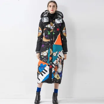 

2019 Winter New Arrival Print Top Quality White Duck Down Warm Down Jacket Long Coat Women Thick Loose Female Overcoat