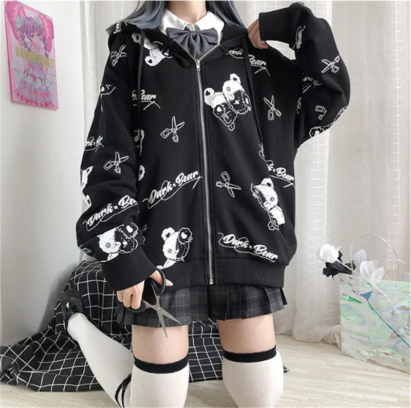 Black Cartoon Bear Hoodie Streetwear Hip Hop Women Gothic Sweatshirts Casual Autumn High Street Hoodies Funny Harajuku Tops Male black sweatshirt