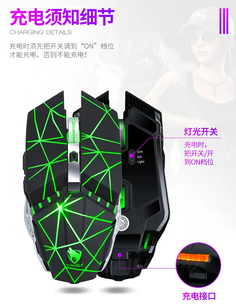 Для T-wolf Q15 USB беспроводная мышь, зарядка, бесшумный светильник, сенсорное колесо, игровая мышь Star Black