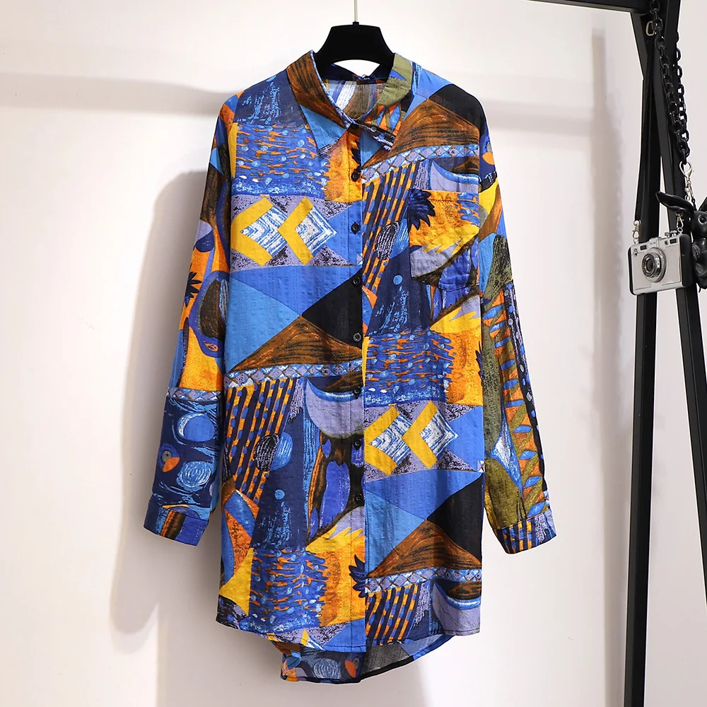 

New Floral Print Plus Size Shirt Tops Long Sleeve Oversize Long Shirt Autumn Large Size Blouse Outwear Woman Clothing 5XL 6XL