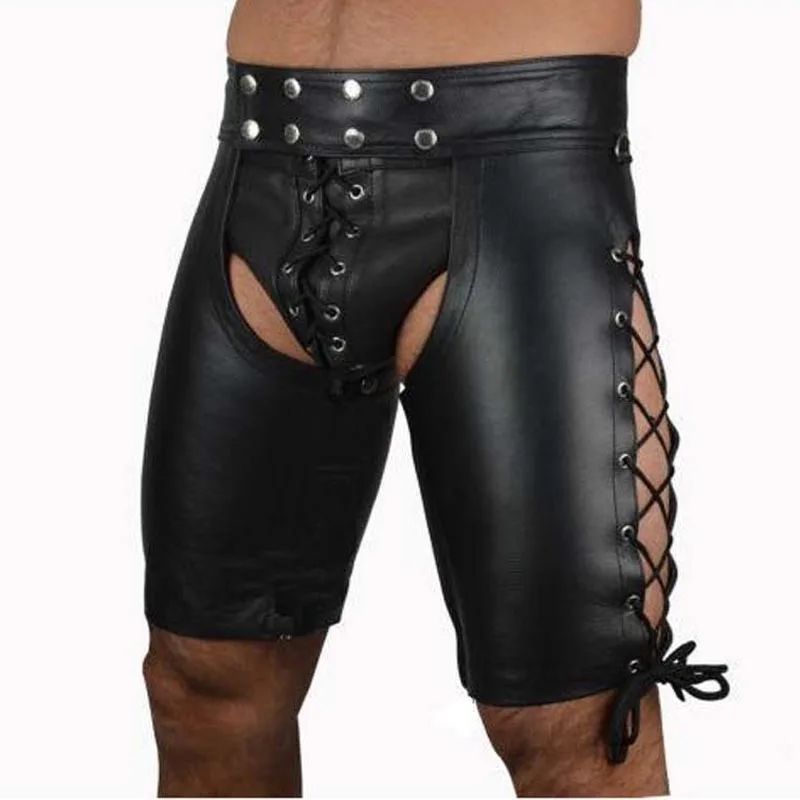 Men Black Faux Leather Open Butt Boxer Shorts Bulge Pouch Side Lace Up Muscle Underwear Fetish Hot Pants Clubwear