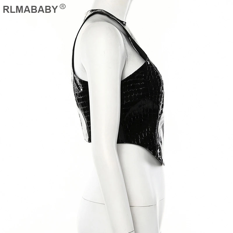 RLMABABY/Новинка; женская майка из искусственной кожи; асимметричный подол; круглый вырез; без рукавов; облегающий кроп-топ на молнии; Клубные вечерние женские черные короткие топы