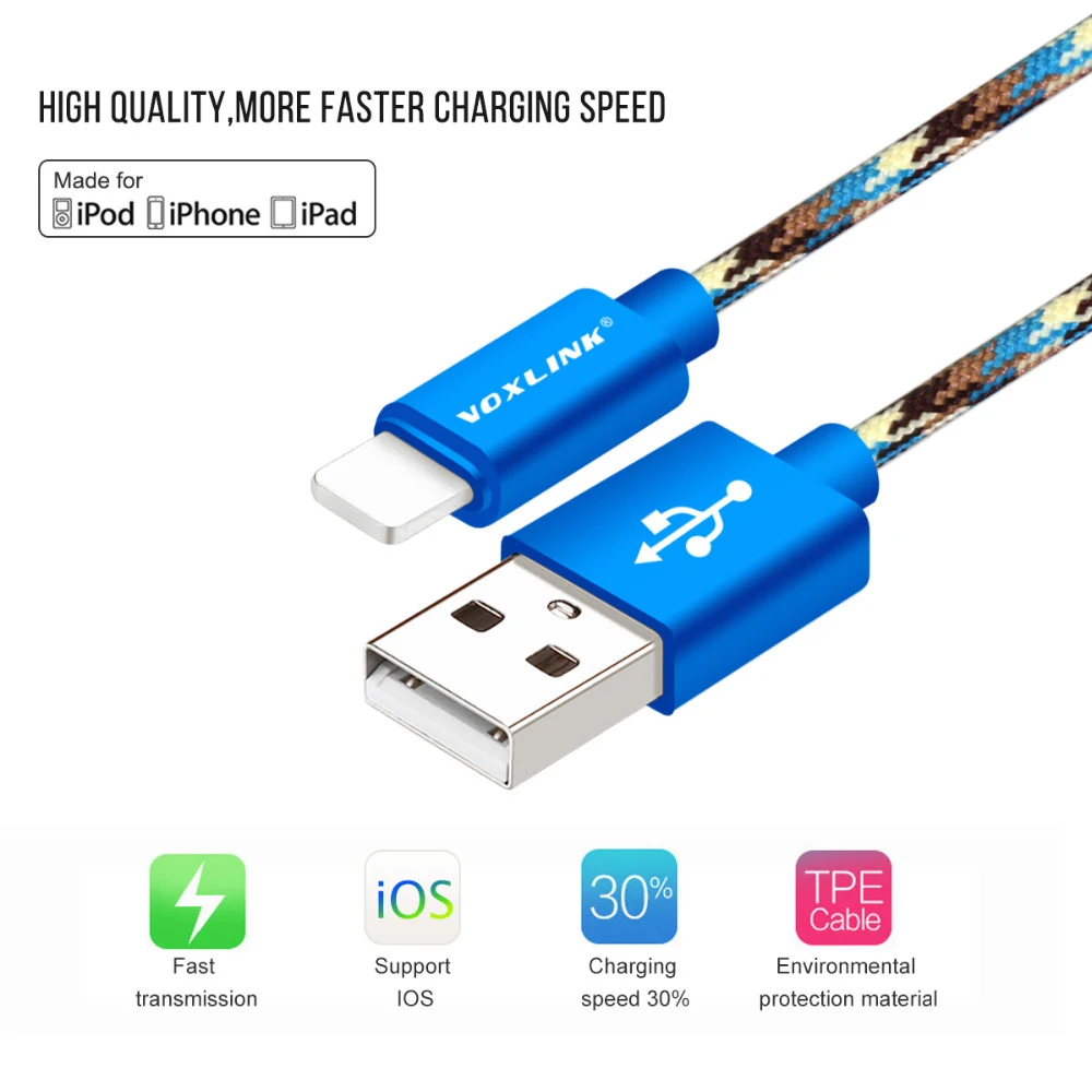 USB кабель для iPhone VOXLINK нейлоновый Плетеный зарядный кабель для мобильного телефона для iPhone X 8 8plus 7s plus 6plus 5S Кабели для телефонов