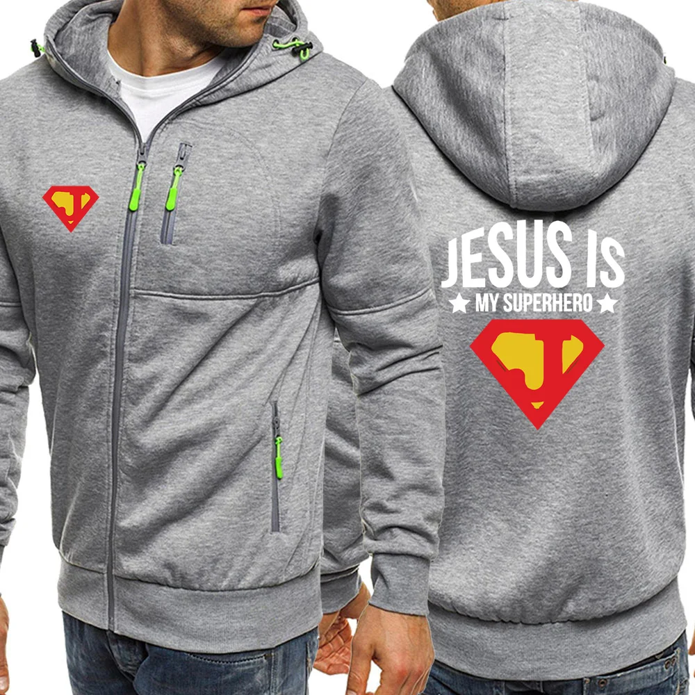 И надписью «Jesus Is My Super Hero осень ; Новинка; Верхняя одежда с капюшоном и Для мужчин s свитшоты на молнии Для мужчин Куртки Спортивная Толстовки флисовое пальто с длинными рукавами - Цвет: light gray6