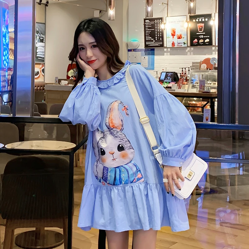 MissLymi милые топы с рисунками животных Kawaii для женщин осень Питер Пэн воротник фонарь длинный рукав свободные оборки блузки