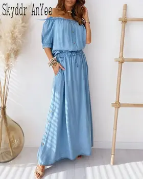 

2020 Summer Two Piece Set Women Off Shoulder PulloverTops And Long Skirt Solid Denim Suits Woman Blue 2 Piece Lounge Sets